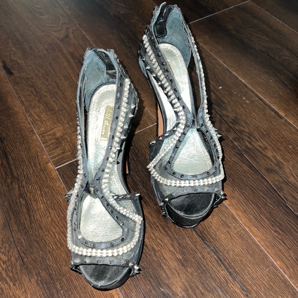 Black Satin Netted jeweled heels